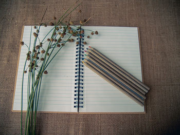 High angle view of open book on table