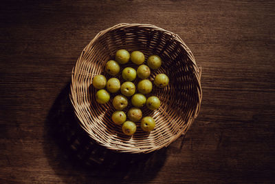 High angle view of fruits in basket on table