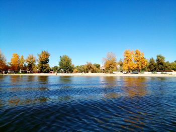 Scenic view of lake against clear blue sky