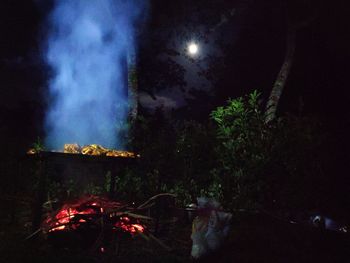 High angle view of bonfire on display at night