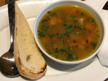 High angle view of soup in bowl