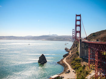 View of suspension bridge over sea