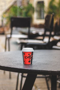 Close-up of coffee cup on table