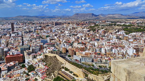 High angle shot of townscape against sky