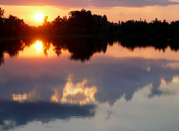 Scenic view of lake against sky during sunset