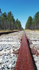 Surface level of railroad track against clear sky