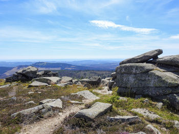 Rock formations on landscape against sky