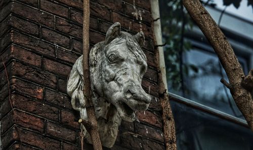 Low angle view of a horse head ornament 