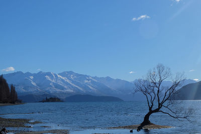 Scenic view of lake and snowcapped mountains against blue sky