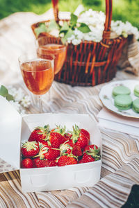 Close-up of strawberries in bowl on table