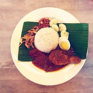 High angle view of food in plate on table