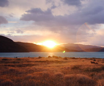 Scenic view of land against sky during sunset