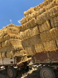 Stack of hay bales on trailer against sky