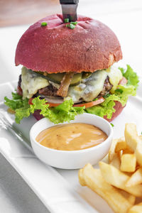 Close-up of burger in plate