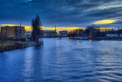 View from the treskowbrücke on the spree and the industrial area berlin-oberschoeneweide at sunrise