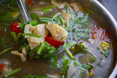 High angle view of soup in bowl