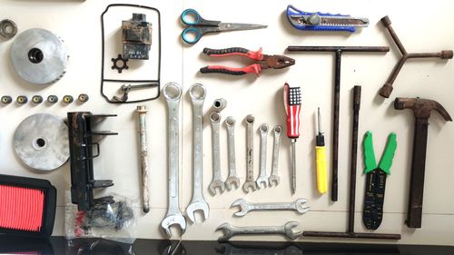 High angle view of various objects on table