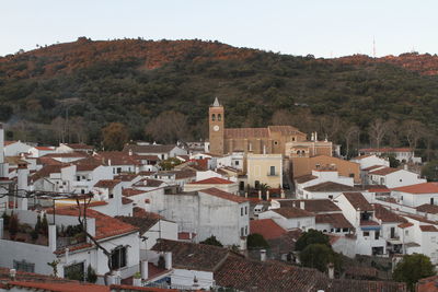 High angle view of houses in town