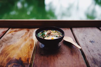 Close-up of soup in bowl on table