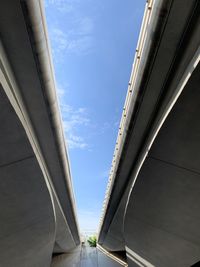 Low angle view of bridge amidst buildings against sky