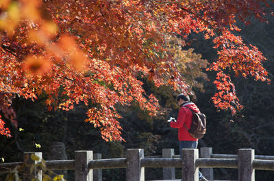 Man standing on bridge by trees during autumn