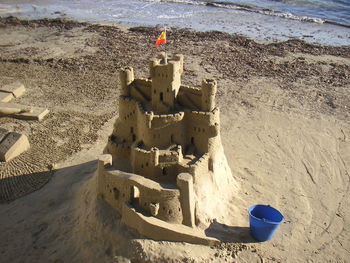 High angle view of sand castle on beach