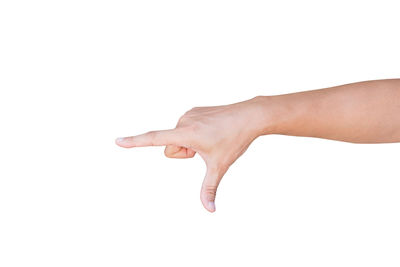 Close-up of human hand over white background