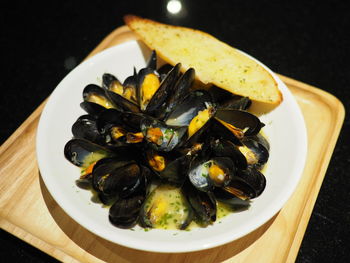 High angle view of food in plate on table
