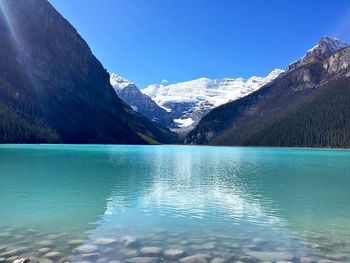 Scenic view of lake and mountains against blue sky