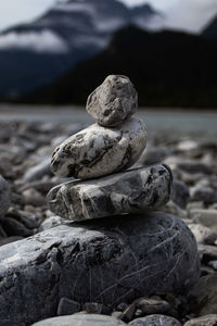 Close-up of stone stack on rock