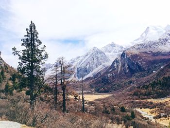 Scenic view of mountains against sky during winter