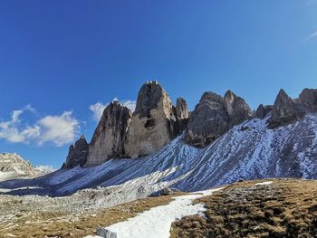 Panoramic view of snowcapped mountains against blue sky