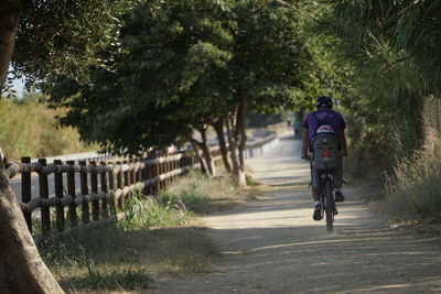 Rear view of people walking on footpath