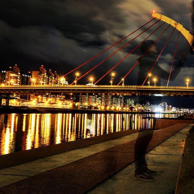 architecture, built structure, illuminated, night, connection, bridge - man made structure, river, water, building exterior, city, sky, bridge, reflection, engineering, travel destinations, waterfront, street light, outdoors, railing, famous place