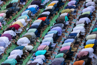 High angle view of people in market