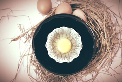 High angle view of eggs in basket