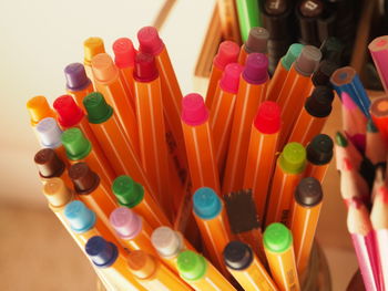 High angle view of colored pencils