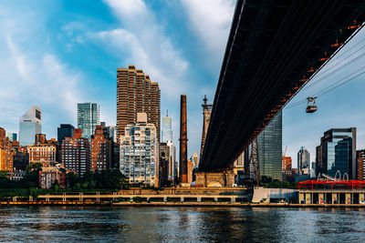 Modern buildings by river against sky in city