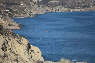 High angle view of sailboats on sea