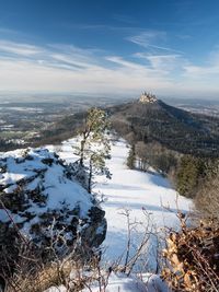 Scenic view of snow covered mountains against sky