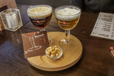 High angle view of wine glasses on table