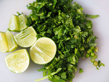 High angle view of chopped fruits in plate