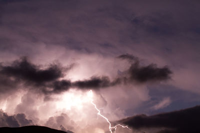 Low angle view of lightning in storm clouds