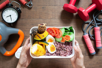 High angle view of breakfast on table