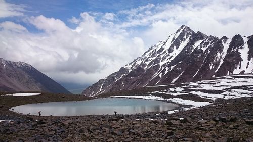 Scenic view of lake against cloudy sky