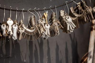 Low angle view of decoration hanging against blurred background