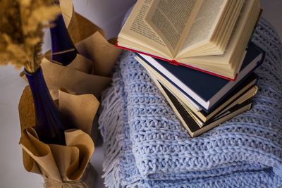 High angle view of open book on table