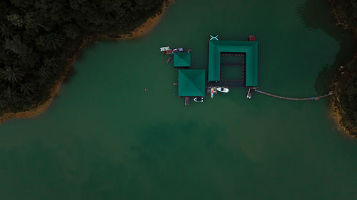 High angle view of boat floating on lake