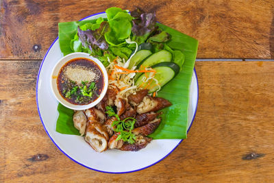 High angle view of food served on table