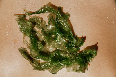 High angle view of vegetables in plate on table